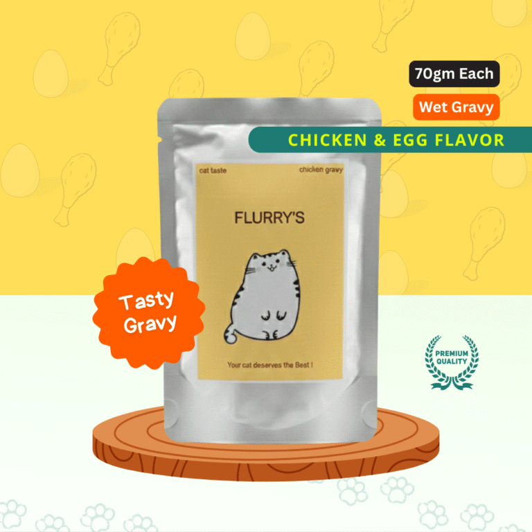 Text: Flurry’s Chicken and Egg Wet Cat Food 70g pouch